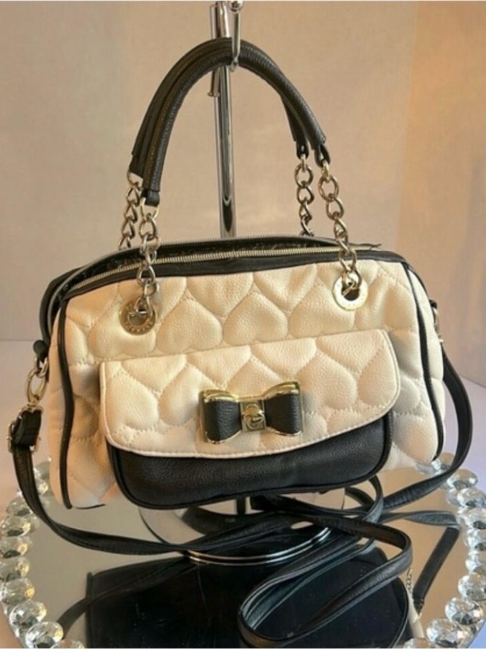 Betsey Johnson Cream and Black Quilted Satchel with Bow Accent